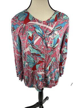 Talbots Petites Womens Cardigan Sweater Bird Floral Print Pink Blue LP Button